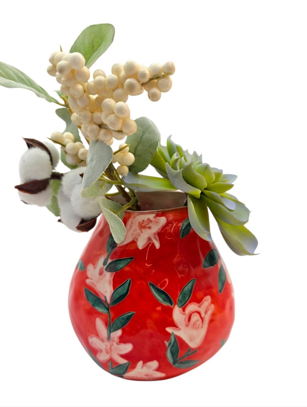 Anthropologie Leah Reena Goren Orange Floral Ceramic Vase Hand Painted Style